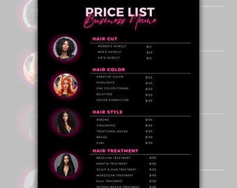 DIY Price List Template, Hair Pricing Template, Editable Hairstylist Pricing Guide Sheet, Black and Pink Flyer, Wig Braids Nail Lash Makeup