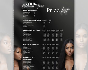 Hair Pricing Template, Editable Hairstylist Price List Template, Hair stylist Pricing Guide Sheet, Hair Business Price Black and White Flyer