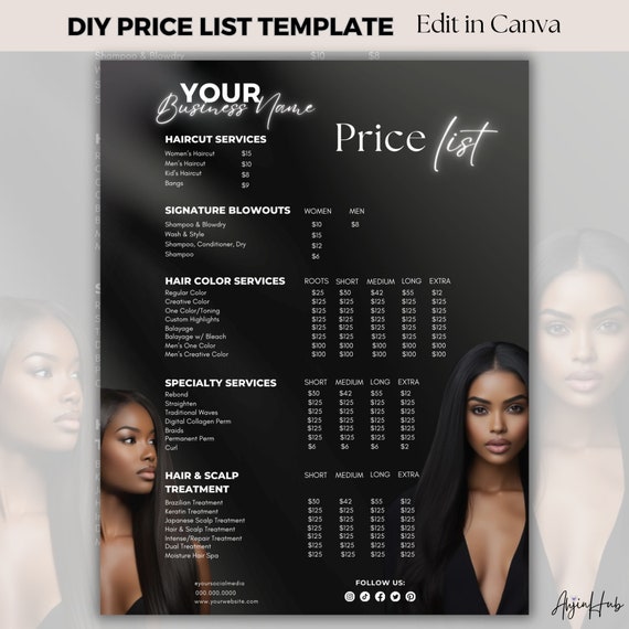Hair Pricing Template, Editable Hairstylist Price List Template, Hair stylist Pricing Guide Sheet, Hair Business Price Black and White Flyer