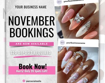 Mall för nagelflyer i november, bokningsflyer för öppna naglar, boka naglar nu, flygblad för nagelrea, bokningsflyer för gör-det-själv-nagelerbjudande