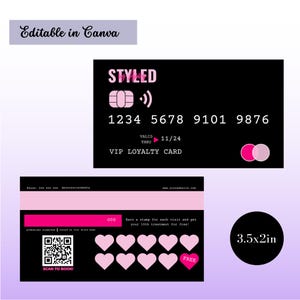 K&ouml;nnte beinhalten: Eine schwarze und pinkfarbene Kundenkarte mit dem Text "STYLED" in Pink. Die Karte hat Platz f&uuml;r einen Namen, eine 16-stellige Nummer und ein Ablaufdatum. Die Karte hat auch einen QR-Code und den Text "SCAN TO BOOK".
