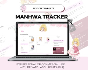 May include: A laptop computer screen displaying a Notion template for tracking manhwa, or Korean comics. The template includes sections for a manhwa journal, navigation, favorite lines, and a reading list. The template is designed for personal or commercial use with private label rights (PLR).