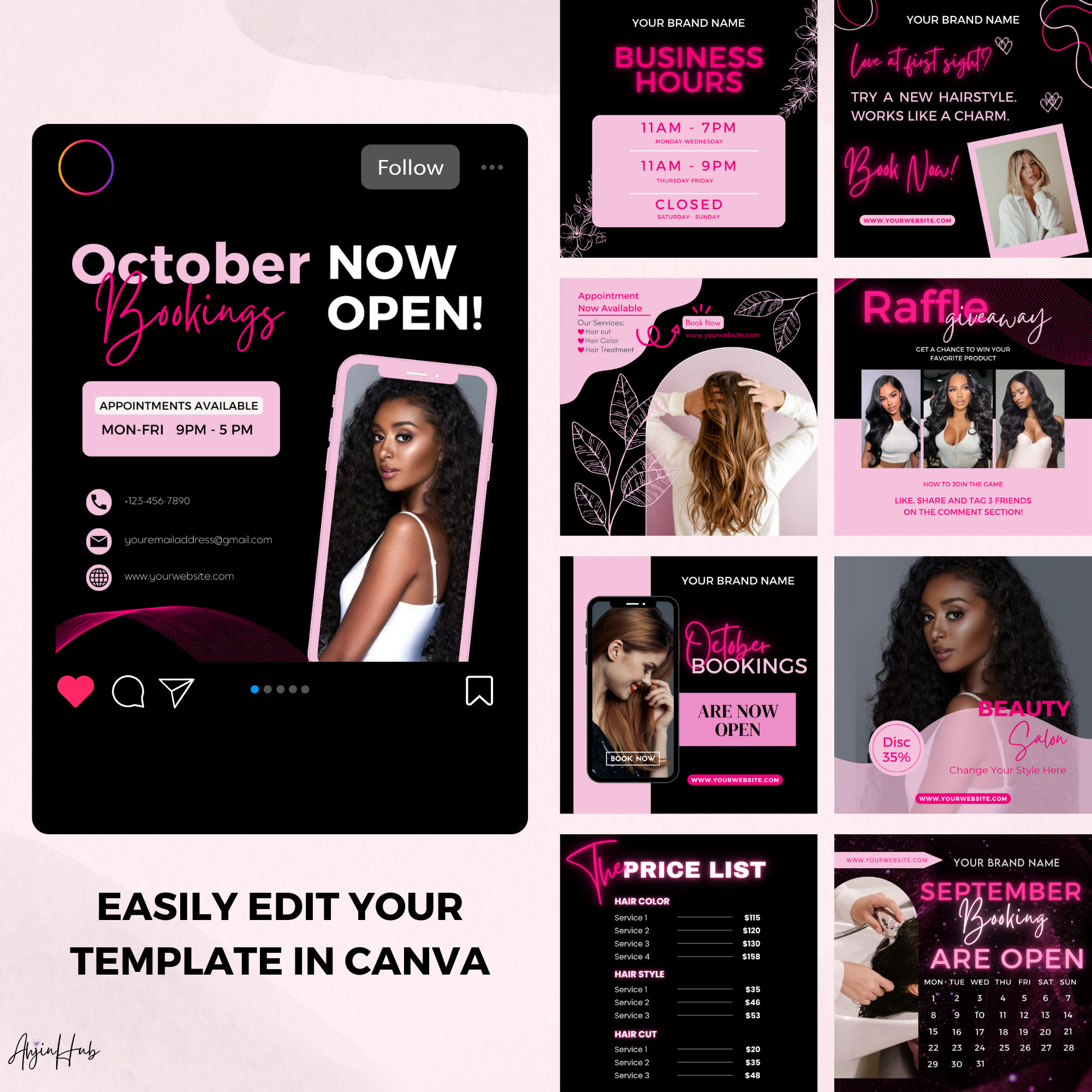 Hair Stylist Instagram Post Template, Black and Pink Hair Salon Post ...