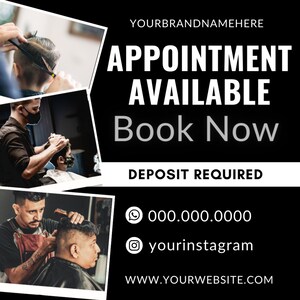 DIY Barber shop booking flyer, Book Now Flyer Template Design, Bookings available, Barbershop business Social media template, Canva Template