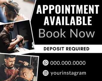 DIY Barber shop booking flyer, Book Now Flyer Template Design, Barbershop business Social media template, Bookings available Canva Template