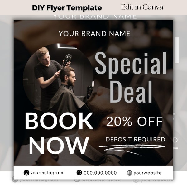 Barber shop booking flyer, Book Now Flyer Template Design, Bookings available, Barber Business Flyer, DIY Barber Special deal Canva Template