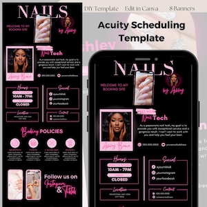 Acuity Scheduling Template, Nail Tech Booking Site, Professional Nail Website, Esthetician Nail Branding Kit, Black and Pink Canva Templates