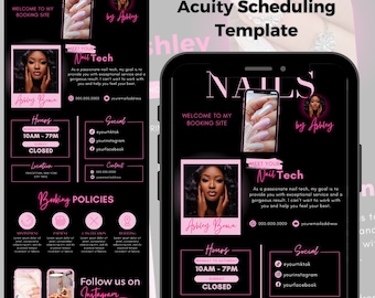 May include: Black and pink graphic design template for a nail salon business. The template includes the text "NAILS" in a pink neon font, the text "Welcome to my booking site" and the text "Meet your Nail Tech". The template also includes a photo of a woman with long, manicured nails.