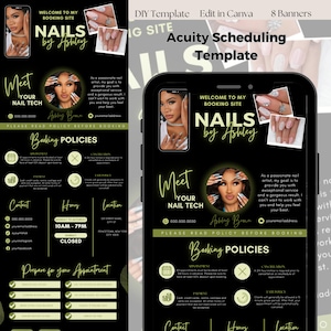 Puede incluir: Una maqueta de pantalla de teléfono móvil negra y verde con un texto superpuesto verde neón que dice "Bienvenido a mi sitio de reservas Nails by Ashley". La pantalla del teléfono muestra a una mujer con el pelo largo y negro y una camisa negra. La pantalla del teléfono también muestra un texto superpuesto que dice "Conoce a tu técnico de uñas" y un número de teléfono. La pantalla del teléfono también muestra un texto superpuesto que dice "Políticas de reserva" y una lista de políticas. La pantalla del teléfono también muestra un texto superpuesto que dice "Prepárate para tu cita" y una lista de cosas que hacer antes de tu cita.