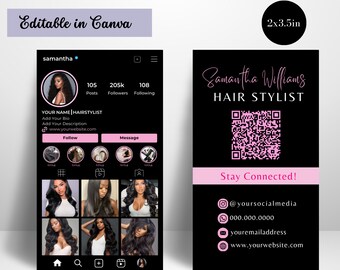 Plantilla de tarjeta de presentación, diseño de tarjeta de presentación para el cabello, tarjeta de presentación digital, tarjeta de presentación de Instagram, plantilla Canva de tarjeta de presentación IG con código QR