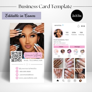 Nail Visitenkarte Template, Instagram Visitenkarte Template, IG Influencer Karten für Nail Tech, Small Business, QR Code, Canva Templates