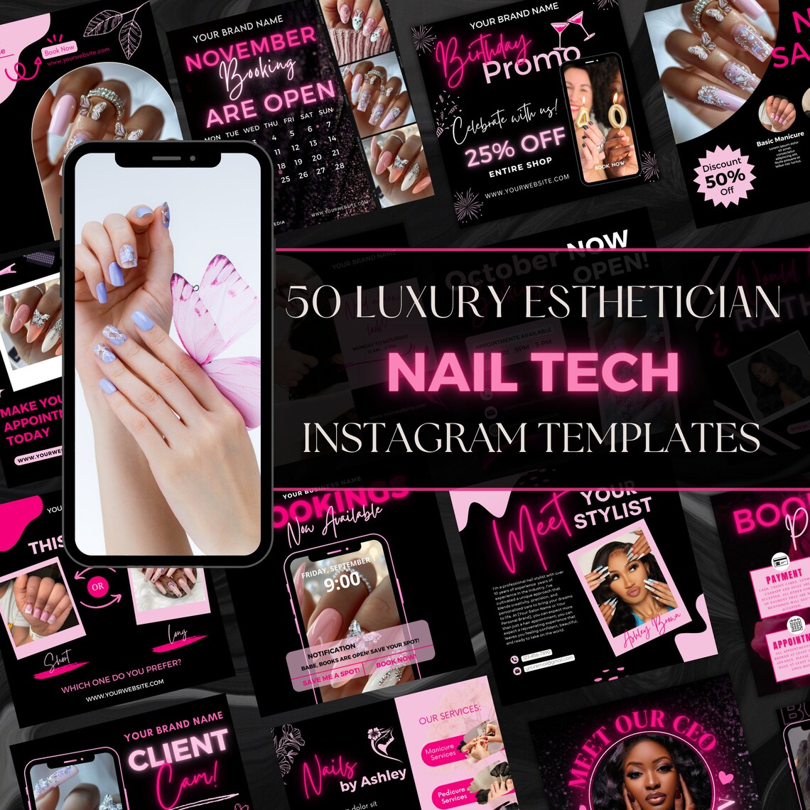 Nail Tech Instagram Templates, Black and Pink Nail Instagram Post, 50 ...