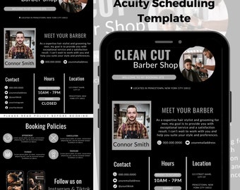May include: Black and white banner template for a barber shop with the text "Clean Cut Barber Shop" and the name "Connor Smith". The banner includes contact information, hours of operation, and a location address. The banner also includes a call to action to book an appointment.
