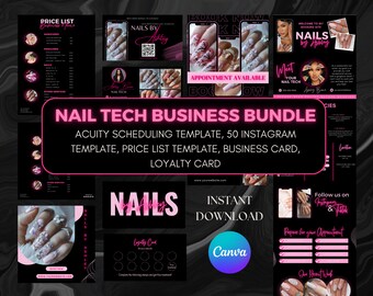 Nail Tech Business Branding Bundle, Acuity Template, Price List, Business Card (Canva Editable)