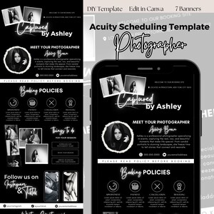 May include: Black and white graphic design template for a photographer's website. The template features a stylized neon sign that says "Captured by Ashley" and includes a photo of a woman with the text "Meet Your Photographer". The template also includes a section for booking policies and a call to action to follow the photographer on Instagram and TikTok.