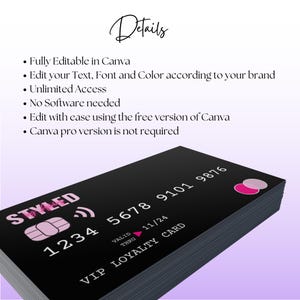 K&ouml;nnte beinhalten: Eine schwarze VIP-Kundenkarte mit dem Wort "STYLED" in rosa Buchstaben und einem rosa-wei&szlig;en Kreis-Symbol. Die Kartennummer lautet 1234 5678 9101 9876 und das Ablaufdatum ist 11/24. Die Karte ist vollst&auml;ndig in Canva bearbeitbar.