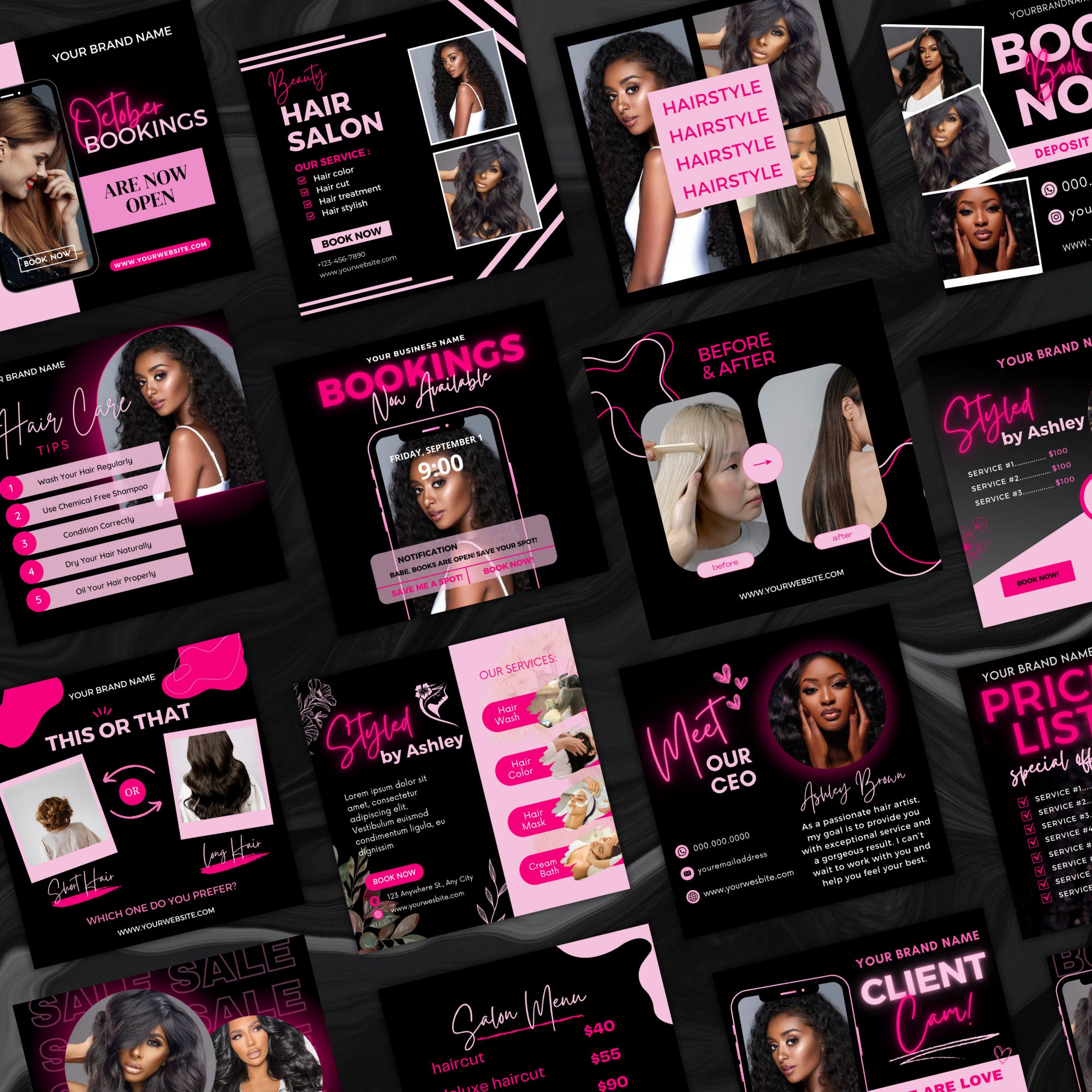 Hair Stylist Instagram Post Template, Black and Pink Hair Salon Post ...