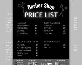 Könnte beinhalten: Eine schwarz-weiße Preisliste für einen Friseursalon. Die Preisliste umfasst Dienstleistungen wie Haarschnitte, Rasuren, Bartschnitte und Farbbehandlungen. Die Preisliste enthält auch einen Abschnitt für Senioren. Die Preisliste ist so konzipiert, dass sie in einem Friseursalon ausgedruckt und angezeigt werden kann.