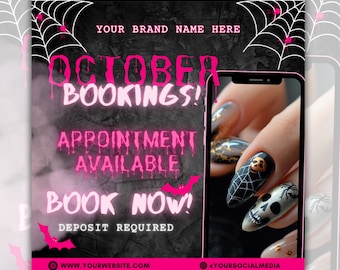 Halloween Flyer Template, Oktober Book Now Flyer, Nail Tech Social Media Flyer, DIY HairstylistBooking Flyer, Nail Templates Instagram Pink