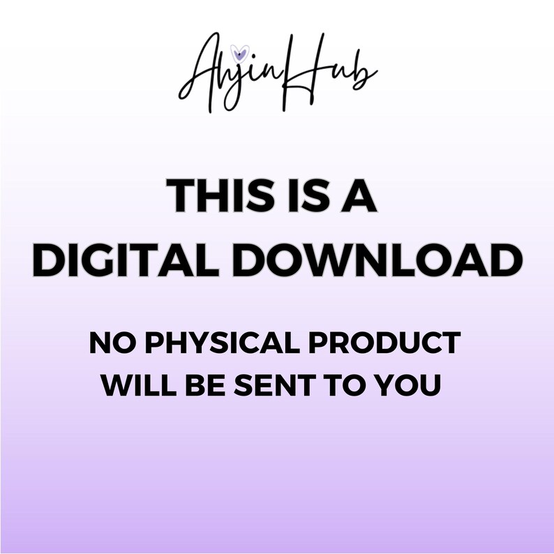 K&ouml;nnte beinhalten: Eine Grafik f&uuml;r einen digitalen Download mit dem Text "THIS IS A DIGITAL DOWNLOAD NO PHYSICAL PRODUCT WILL BE SENT TO YOU" in schwarzer Schrift auf einem Farbverlaufshintergrund, der von Wei&szlig; zu Helllila &uuml;bergeht.