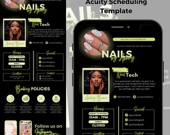 May include: A black and yellow graphic design template for a nail salon business. The template includes the name "Nails by Ashley", the salon's hours, location, social media links, and booking policies. The template also features a photo of a woman with a professional nail design.