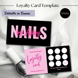 Modelo de cartão de visita de fidelidade Nail Tech, cartão de recompensa do cliente, cartão de desconto DIY, cartão de fidelidade Nails Hair stylist Lash Tech Canva Templates