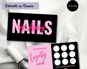 Plantilla de tarjeta de visita de fidelidad de Nail Tech, tarjeta de recompensa para el cliente, tarjeta de descuento de bricolaje, tarjeta de fidelidad Nails Hair stylist Lash Tech Canva Templates
