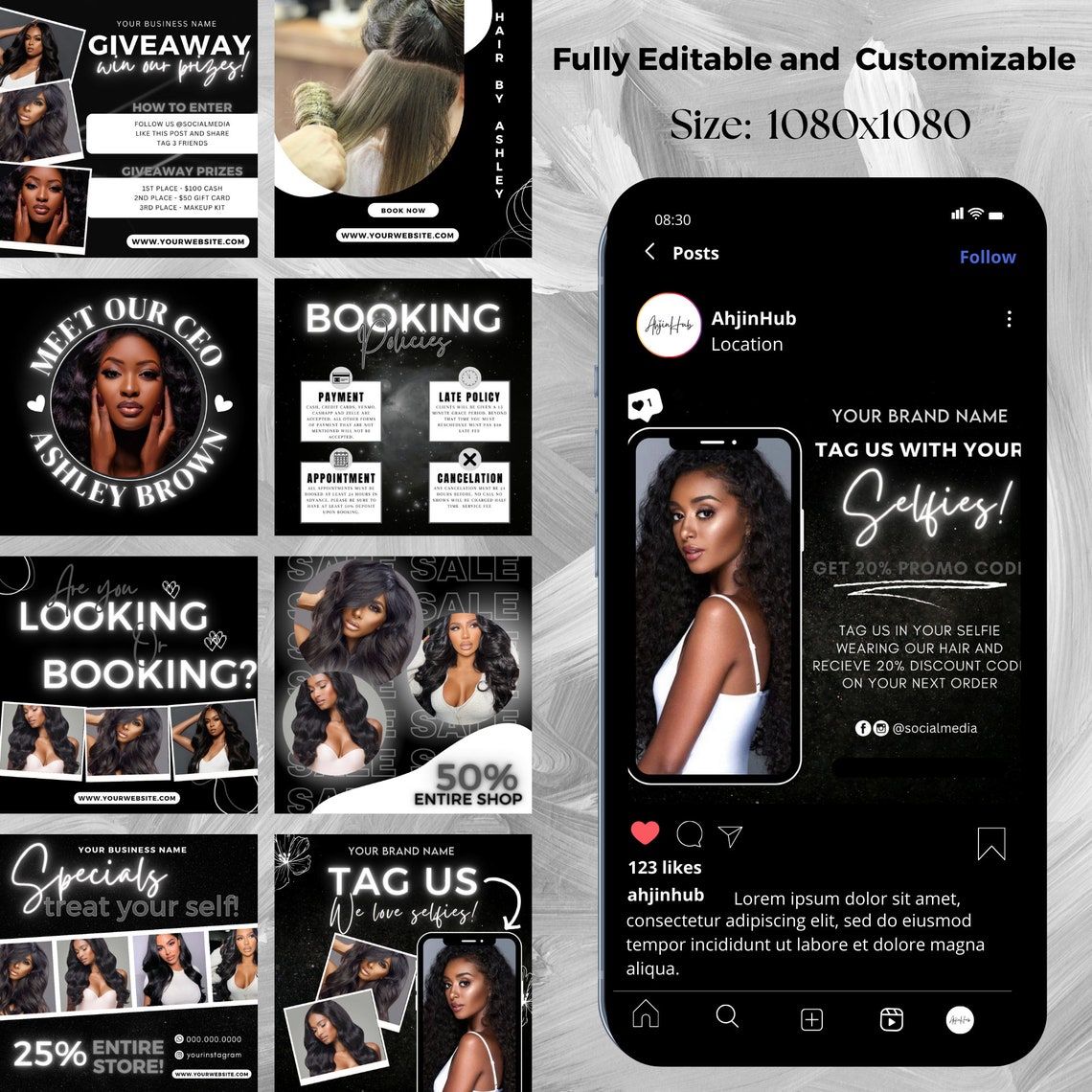 Hair Stylist Instagram Post Template, Black and White Hair Salon Post ...
