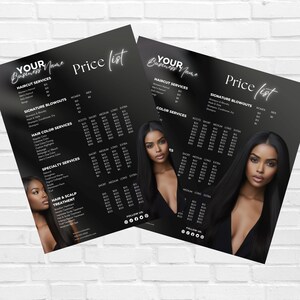 May include: Black and white price list for hair salon services. The price list includes haircuts, blowouts, hair colour, specialty services, and hair and scalp treatments. The prices are listed in pounds sterling. The price list also includes a follow us section with social media icons.