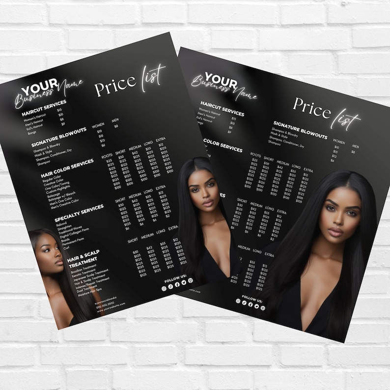May include: Black and white price list for hair salon services. The price list includes haircuts, blowouts, hair colour, specialty services, and hair and scalp treatments. The prices are listed in pounds sterling. The price list also includes a follow us section with social media icons.