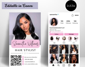 Diseño de plantilla de tarjeta de presentación, tarjeta de presentación para cabello, tarjeta de presentación digital, tarjeta de presentación de Instagram, plantilla Canva de tarjeta de presentación IG con código QR