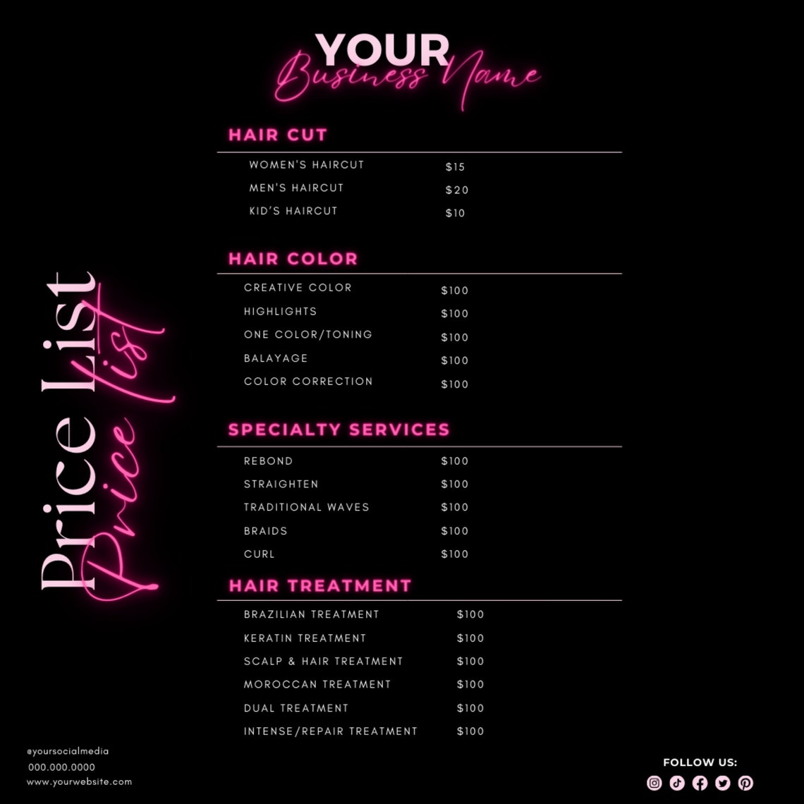 Hair Pricing Template Editable Hairstylist Price List Template DIY