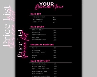 Hair Pricing Template, Editable Hairstylist Price List Template, DIY Small Business Pricing Guide Sheet, Hair Nail Price Pink Canva Template