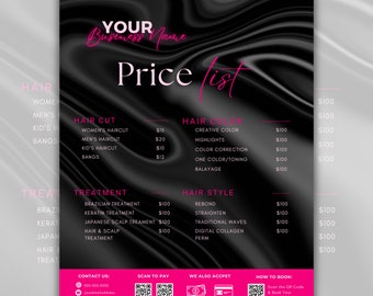 Hair Price List Template, DIY Hair stylist Price list Flyer, Hairstylist Pricing Sheet, Hair Salon business Price list, Pink Canva templates