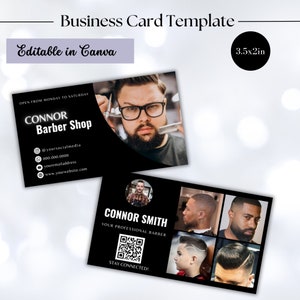 Modelo de cartão de visita, design de cartão de visita de barbeiro, cartão de visita digital, cartão de visita do Instagram, cartão de visita com código QR, modelos Canva