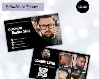 Plantilla de tarjeta de presentación, diseño de tarjeta de presentación de barbero, tarjeta de presentación digital, tarjeta de presentación de Instagram, tarjeta de presentación con código QR, plantillas Canva