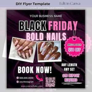 Może przedstawiać: Szablon ulotki do salonu paznokci na Czarny Piątek z ciemnofioletowym i czarnym tłem. Ulotka zawiera tekst "BLACK FRIDAY BOLD NAILS" i "BOOK NOW!" ze zdjęciami wzorów paznokci. Różowa etykieta głosi "MEGA SALE 50$ OFF".