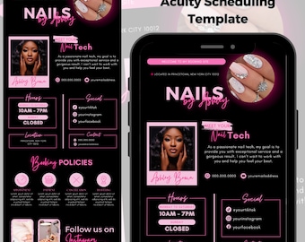 May include: A black and pink mobile phone screen displaying a business advertisement for a nail salon called "Nails by Ashley". The advertisement includes the salon's hours, location, social media links, and booking policies. The text "Meet Your Nail Tech" is featured in a pink box with a photo of the nail technician.