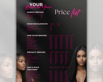 Hair Pricing Template, Editable Hairstylist Price List Template, Hair stylist Pricing Guide Sheet, Hair Business Price Black and Pink Flyer