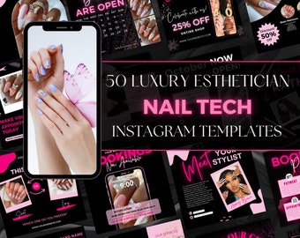 Mall för Instagram-inlägg för Nail Tech, inlägg för svart och rosa nagelsalong, Instagram-mall för 50 nageldesigner, Canva-mall för Nail Tech-varumärkesbyggande kit