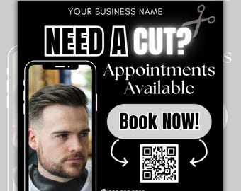 Barber booking flyer, Haircut Book Now Flyer, Barbershop Bookings available, Barbershop Business Appointment Flyer, Hair Social Media Flyer
