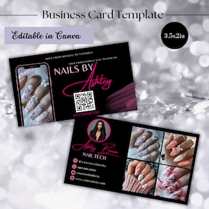 Visitenkartenvorlage, Instagram-Visitenkartendesign, bearbeitbare Nagelkarte, schwarzer und rosa QR-Code, DIY Nail Tech IG-Karte, Canva-Vorlagen