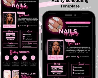 May include: A pink and black graphic design template for a nail salon business. The template features a photo of a woman with long, manicured nails, along with the text "Nails by Ashley", "Meet Your Nail Tech", and "Acuity Scheduling Template".