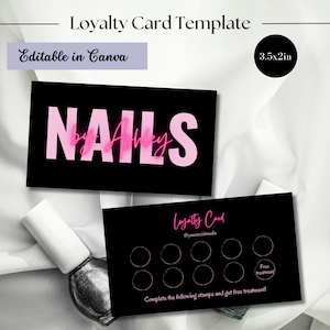 ロイヤルティ名刺テンプレート、ネイルテック顧客特典カード、DIY割引カード、ロイヤルティカードネイルヘアスタイリストラッシュテックCanvaテンプレート