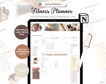 PLR Fitness Notion Template, Weight Loss Tracker Notion Planner Minimalist Fitness Planner Notion Dashboard for Workout Tracker Notion PLR