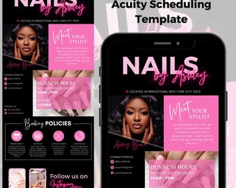 Könnte beinhalten: Digitalvorlage für ein Nagelstudio, mit rosa und schwarzem Design. Die Vorlage enthält den Namen des Salons, "Nails by Ashley", Kontaktdaten, Geschäftszeiten und Buchungsrichtlinien. Die Vorlage ist für die Verwendung mit Acuity Scheduling konzipiert.