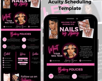 May include: A black and pink mobile phone screen displaying a template for a nail salon booking site. The template includes the text "Welcome to my booking site Nails by Ashley", "Meet your nail tech", "Booking Policies", and "Follow us on Instagram & TikTok".