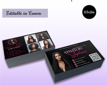 May include: Black and pink business card template for a hair stylist named Stephanie. The card features a photo of a woman with long black hair and the text "Styled by Stephanie". The card also includes contact information, a social media handle, and a QR code.