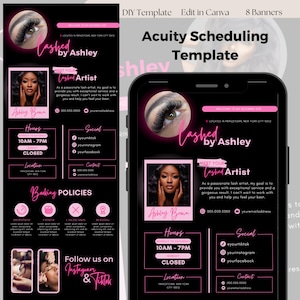 May include: A black and pink graphic design template for an eyelash extension business. The template features a photo of a woman with long eyelashes, the business name "Lashed by Ashley", and the text "Meet Your Lashed Artist". The template also includes information about the business's hours, location, social media, and booking policies.