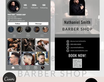 Plantilla de tarjeta de presentación, Diseño de tarjeta de presentación de barbero, Tarjeta de presentación digital, Tarjeta de presentación de Instagram, Tarjeta de presentación de código QR, Plantilla Canva